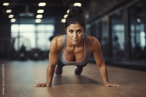 Fitness Model Pushing Up in the Gym. Fictional characters created by Generated AI.