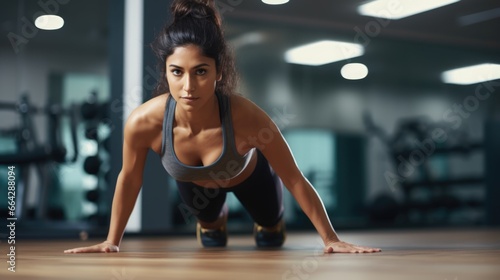 Fitness Model Demonstrates Push-ups. Fictional characters created by Generated AI.