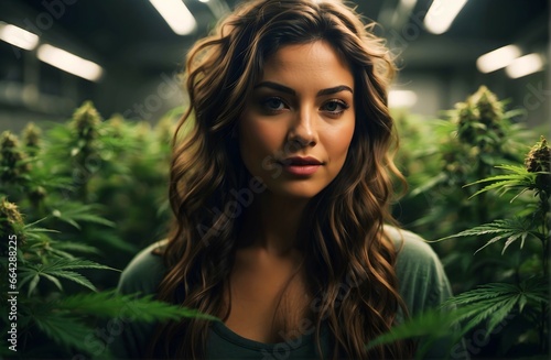 Obraz na płótnie Portrait of beautiful attractive brunette girl in cannabis cbd grow room surrounded by cannabis plants, medicinal marihuana concept w salonie