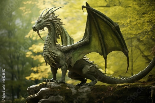 Portrait of wooden green magical fantasy dragon on the background of the enchanted forest