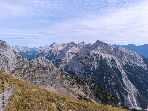 Beautiful panorama with Alps. European mountain range. Mountain landscape with beautiful blue sky.