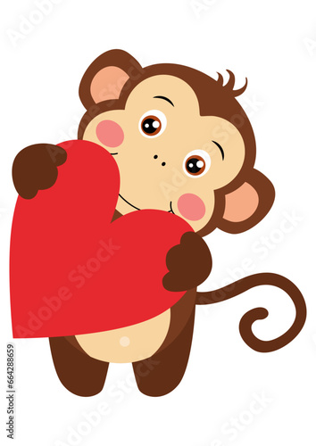 Cute happy monkey holding a heart