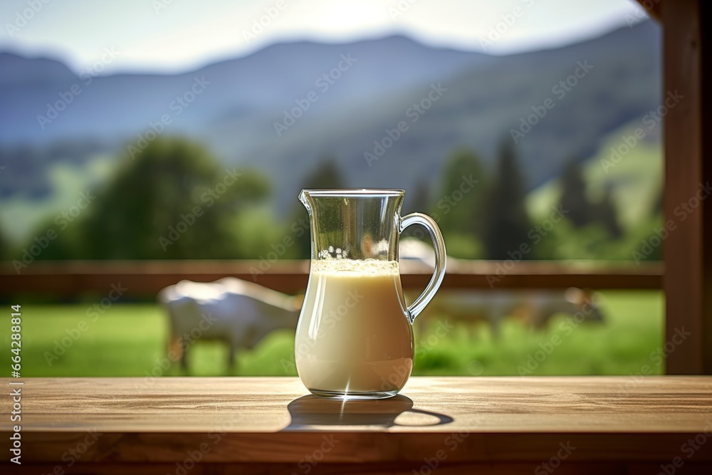 Glass pitcher with fresh milk on a wooden table. Glass pitcher with fresh milk on a wooden table.