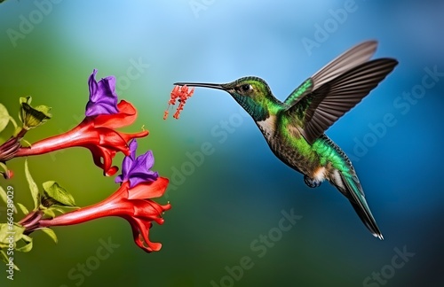 Hummingbird bird flying next to a beautiful red flower with rain. © AbulKalam