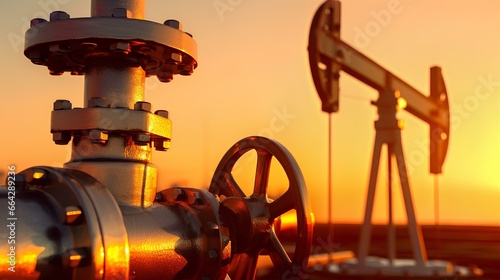 A shut-off valve with a valve on the background of an oil pump and a picturesque sunset. photo