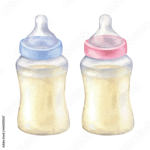Milk Baby bottle. Vector watercolor illustration of childrens food. Hand drawn clip art on white isolated background. Drawing of blue and pink kids stuff for boy and girl. For gender reveal party