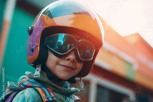 Child with helmet and glasses. Flight goggles and protective avia helmet. Generate ai photo