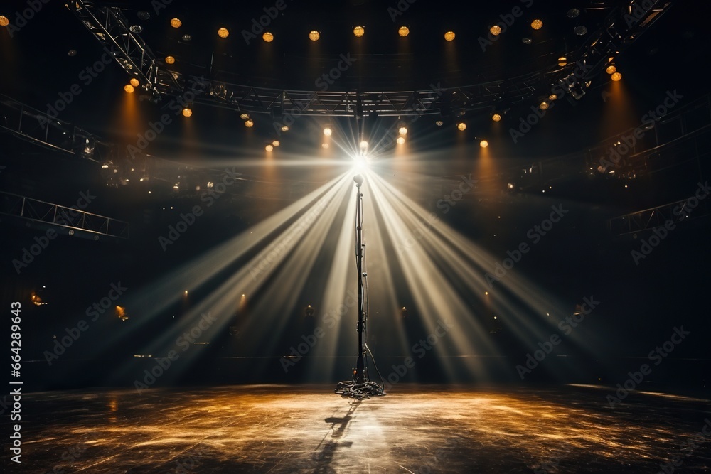 Concert stage with a microphone in the light of spotlights. Performance - obrazy, fototapety, plakaty 
