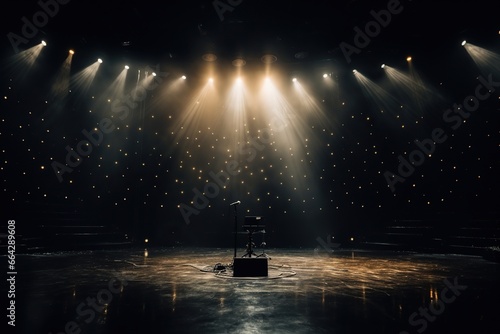 Concert stage with a microphone in the light of spotlights. Performance photo