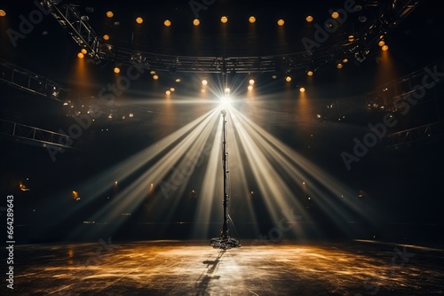 Concert stage with a microphone in the light of spotlights. Performance photo