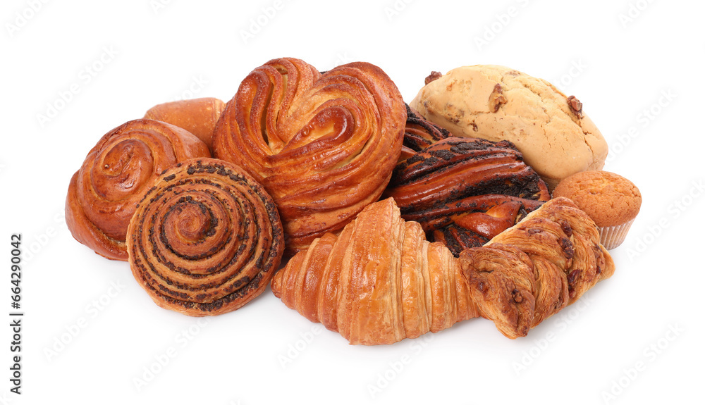 Different tasty freshly baked pastries isolated on white