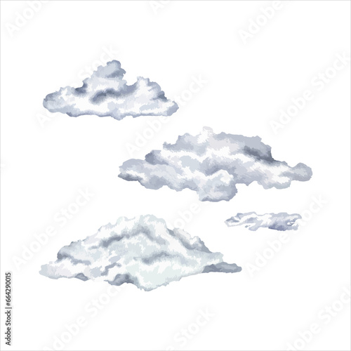 Cloud set Vector illustration. Hand drawn graphic clip art on white isolated background. Watercolor drawing of gray cloudy sky. Fluffy fog sketch for nursery and children's pajamas design