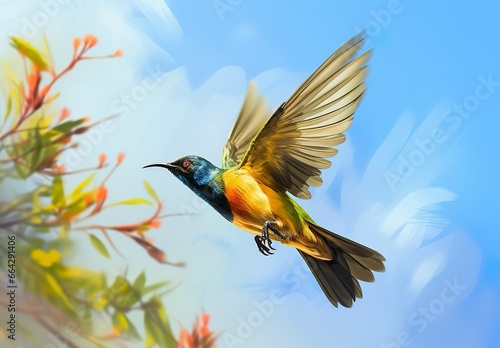 Olive backed sunbird, Yellow bellied sunbird flying in the bright sky. © AbulKalam