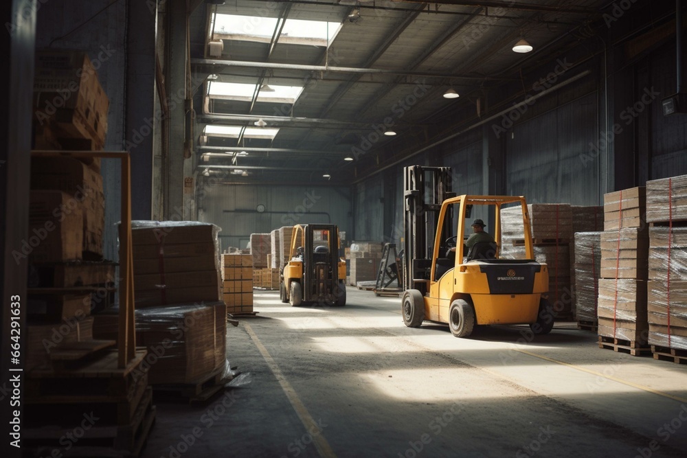 Inside an industrial warehouse, workers and forklifts operate in the storage area. Generative AI