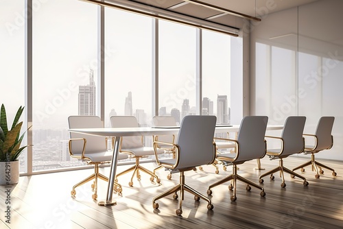 Perspective view on stylish white meeting table with golden legs and wheelchairs around on the wooden floor and white wall background.