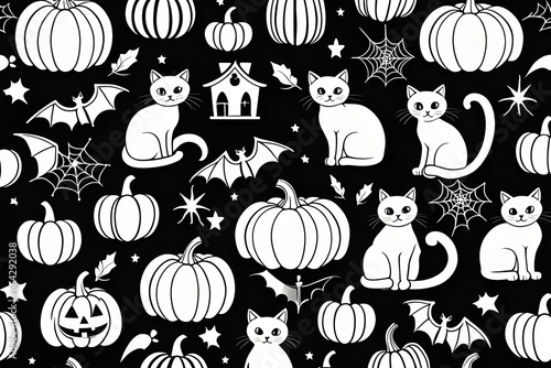 seamless pattern with cats and pumkins/generative AI/spider silk/bats