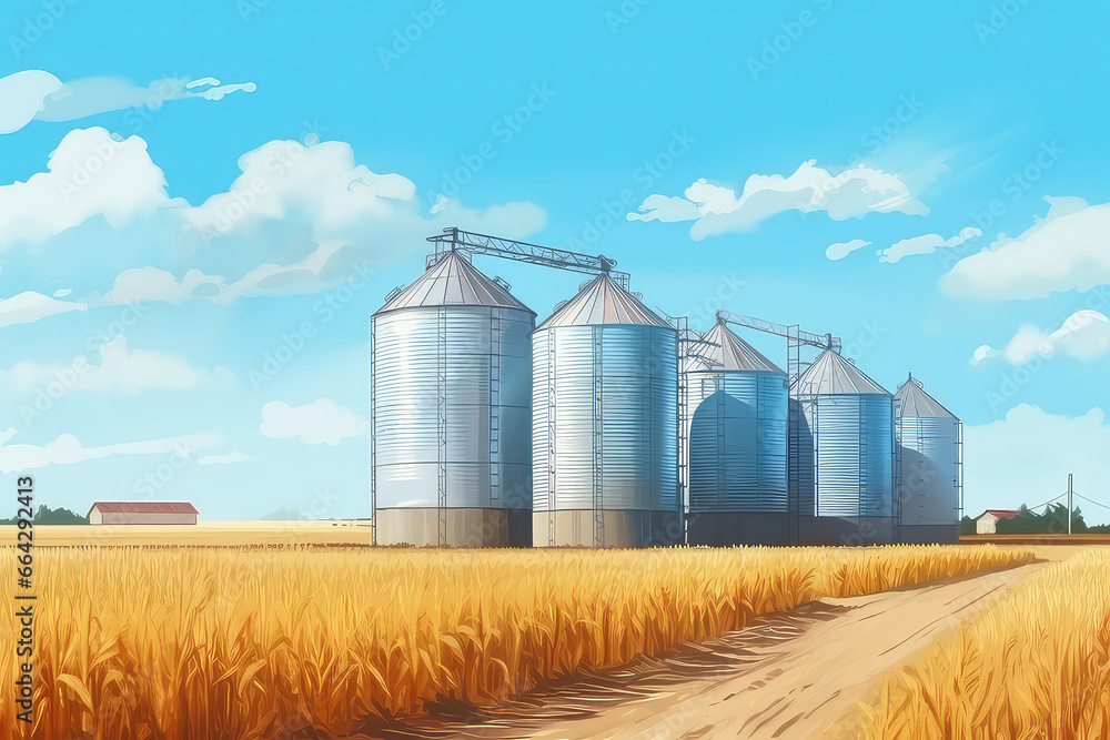Silos Are Situated In Wheat Field For The Storage Of Agricultural Production Silos Are Situated In Wheat Field For The Storage Of Agricultural Production