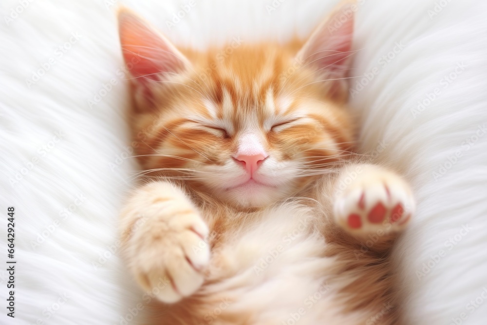 Red kitten, cat sleeping cute on white fur.