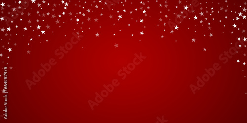 Magic falling snow christmas background. Subtle flying snow flakes and stars on christmas red background. Magic falling snow holiday scenery. Wide vector illustration.