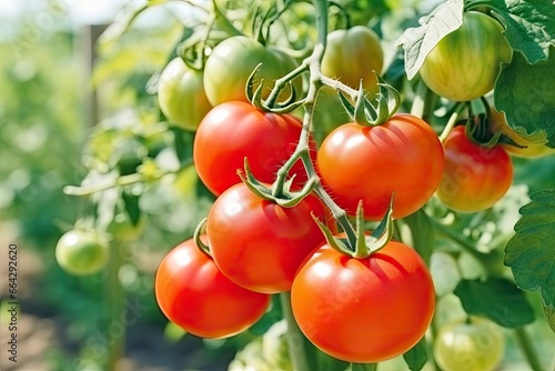 Fresh bunch of red natural tomatoes on a branch in vegetable garden.