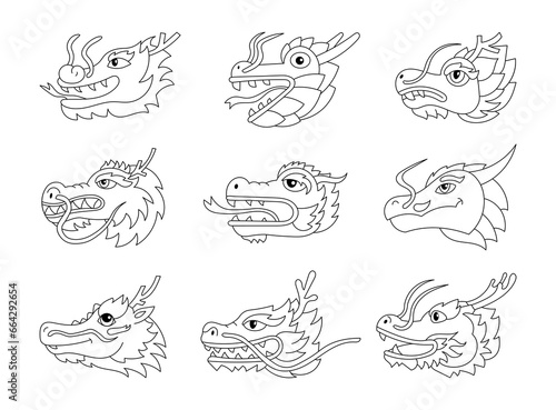 Traditional Japanese dragon. Coloring Page. Asian and Eastern mythological creature. Hand drawn style. Vector drawing. Collection of design elements.