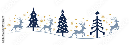 Collection of blue Reindeers, Christmas trees and golden stars in different design. - vector illustration photo