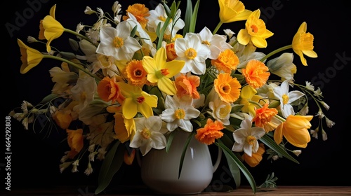 Flowers, bouquet, daffodils, yellow tulips, full bloom, vibrant arrangement, warmth of spring, sunny, joyful colors. Generated by AI.