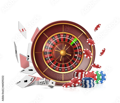 Casino roulette wheel with flying cards, poker chips and dice. Isolated on white background.
