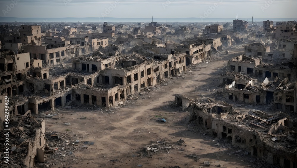 Ruins of buildings and devastation from war, empty of people.