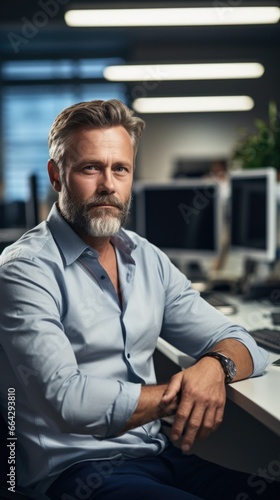 Wallpaper Mural A Bearded Man in a Blue Shirt Sits at a Computer Workstation. Fictional characters created by Generated AI. Torontodigital.ca