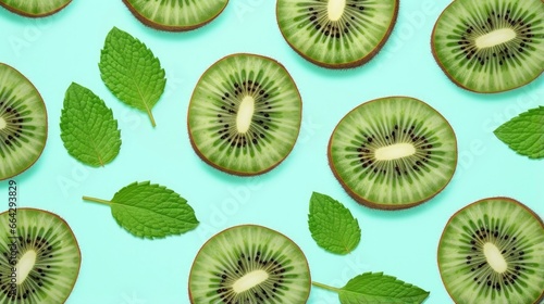 Slices of kiwi fruit and green mint leaves on a light pastel blue background. © AbulKalam