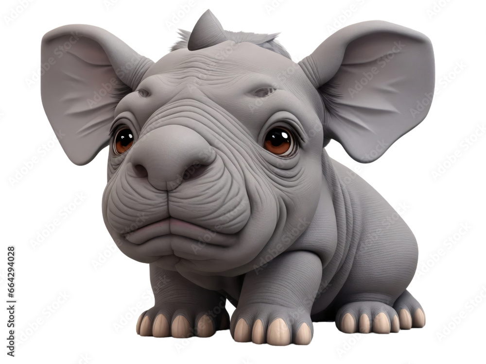 Fototapeta premium Cute grey furry puppy rhino on a transparent background. Generative Ai.