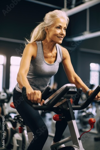 Woman Exercising on an Indoor Bicycle. Fictional characters created by Generated AI. © shelbys