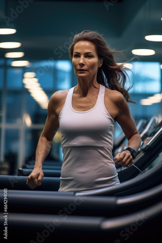 Beautiful Woman Running on a Treadmill. Fictional characters created by Generated AI.