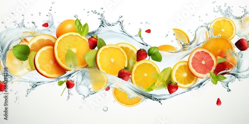 Swirl water splash with fruits. liquid flow with ice cubes and a mix of fresh fruits. photo