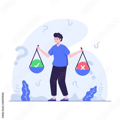 Man holding scales with true and false on it