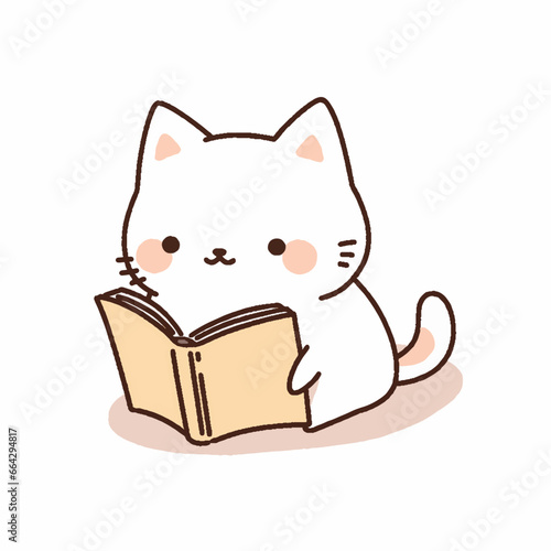 Cartoon style cat reading book. Hand drawn Vector illustration.