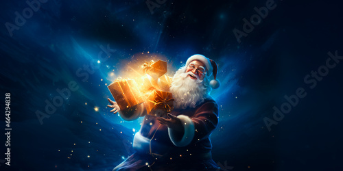 illustration of Santa Clause who flying in clouds with present. Christmas fairytale. Christmas time