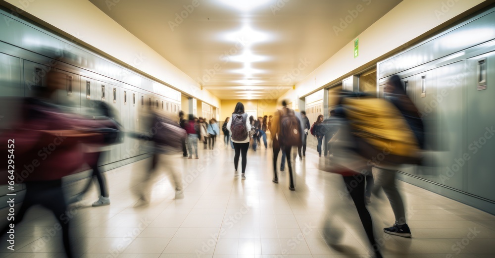 Blurry motions of students and educators rushing through school halls. Blurry motions of students and educators rushing through school halls.