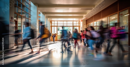 Blurry motions of students and educators rushing through school halls.