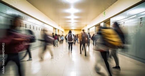 Blurry motions of students and educators rushing through school halls.