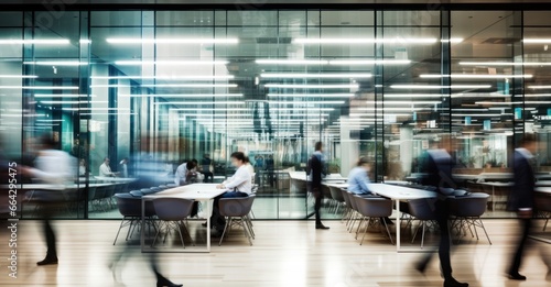 hustle and bustle of corporate professionals in a modern office space, visualized with long-exposure