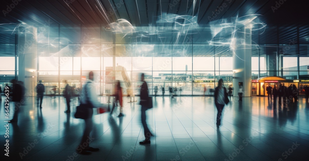 travelers in motion at a bustling airport terminal, rendered with long-exposure techniques travelers in motion at a bustling airport terminal, rendered with long-exposure techniques