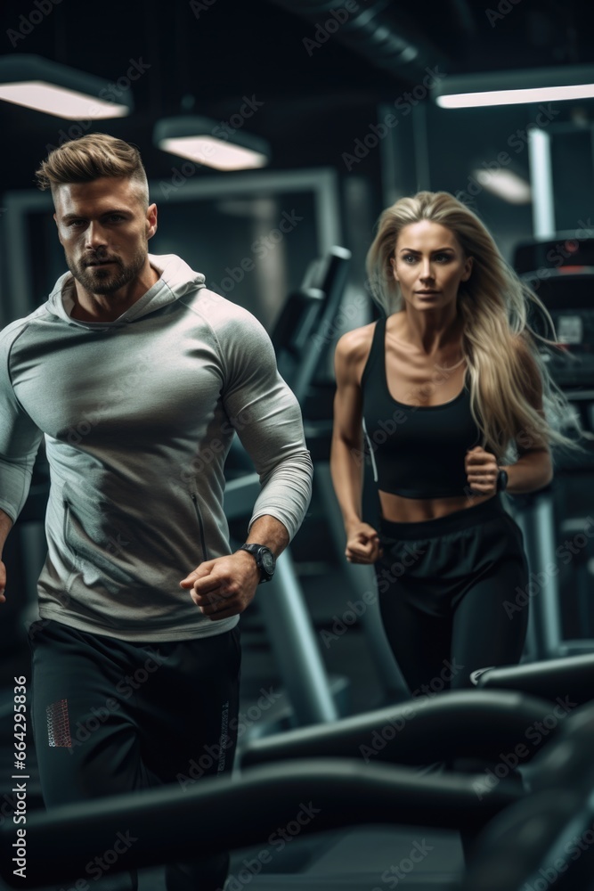 In the Gym, Two Fitness Enthusiasts Are Ready to Work Out. Fictional characters created by Generated AI.