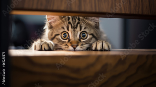 a fluffy, frightened young cat with big eyes looks out through the gap