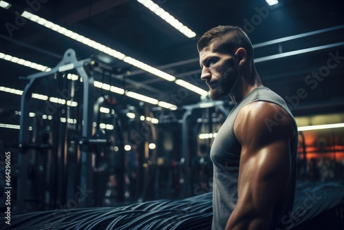 A Bearded Man with Bulging Muscles in a Gym. Fictional characters created by Generated AI.