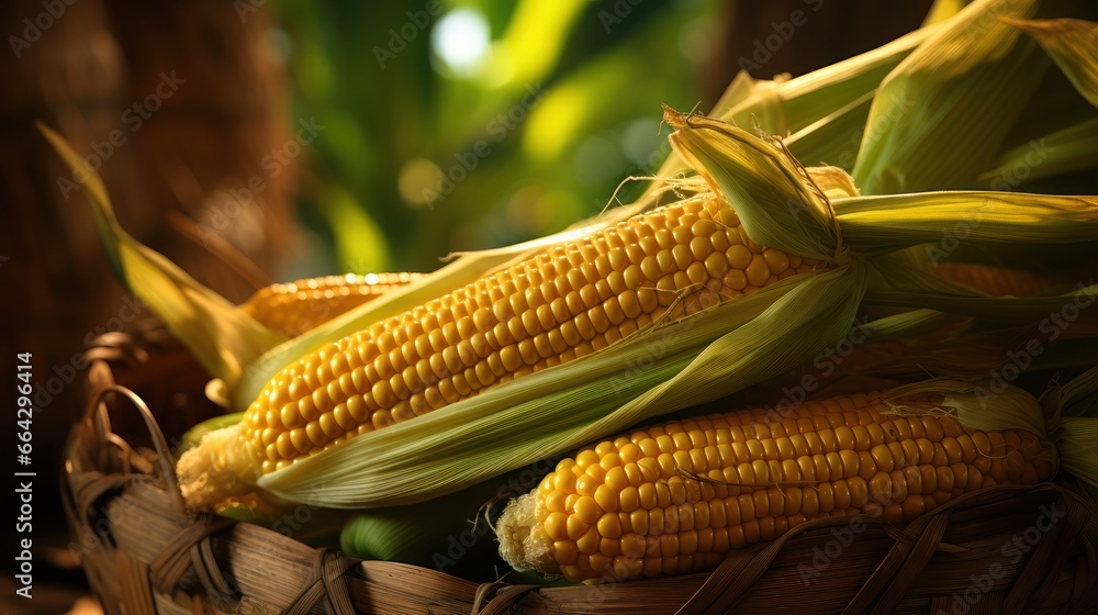 An ear of corn peels back to reveal glistening yellow kernels, nestled within a rustic wicker basket An ear of corn peels back to reveal glistening yellow kernels, nestled within a rustic wicker basket