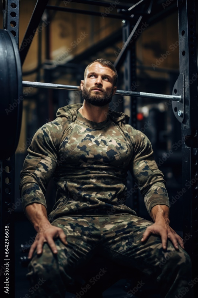 Strength Training in the Gym - Muscular Man in Camo Workout Clothes. Fictional characters created by Generated AI.