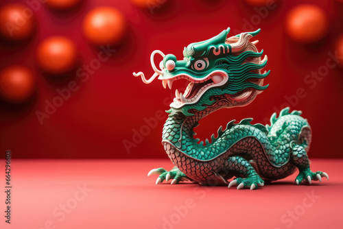 Portrait of green magical fantasy dragon on red festive background.