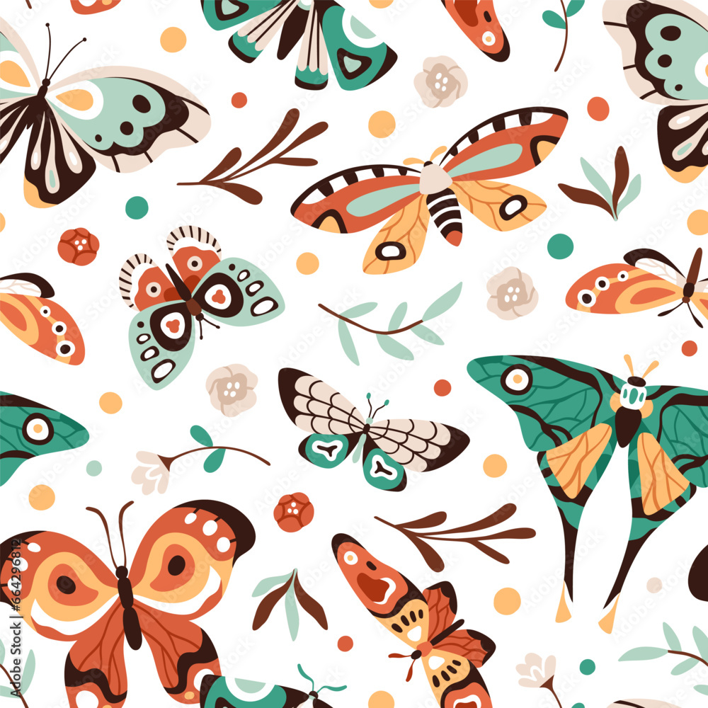 Butterflies, seamless pattern design. Summer nature, endless background, repeating print. Beautiful moths flying, flowers, leaf plants, printable texture for fabric, textile. Flat vector illustration